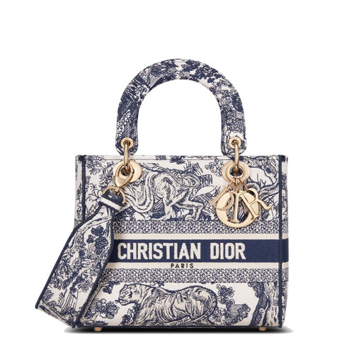 DIOR/迪奥  LADY D-LITE系列 女士中号蓝色印花双面刺绣织物宽肩带单肩斜挎手提戴妃包M0565OTDT_M808