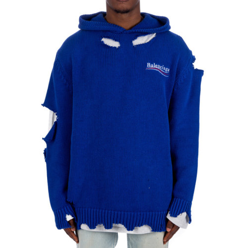 Balenciaga/巴黎世家 男士纯色棉质经典字母徽标印花破洞针织落肩连帽长袖上衣卫衣连帽衫套头衫 662718-T3212 多色可选