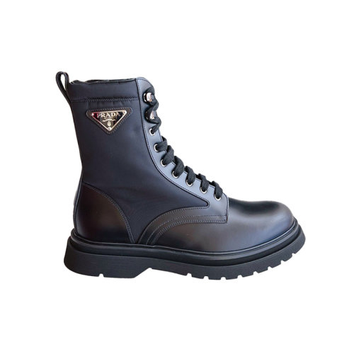 Prada 普拉达  男士黑色亮面皮拼尼龙马丁靴