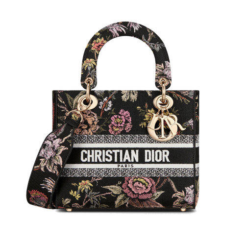 DIOR/迪奥 23新款 LADY D-LITE系列 女士中号黑色帆布刺绣花卉图案饰有字母标志拆卸宽肩带斜挎手提托特包M0565ORZB_M911