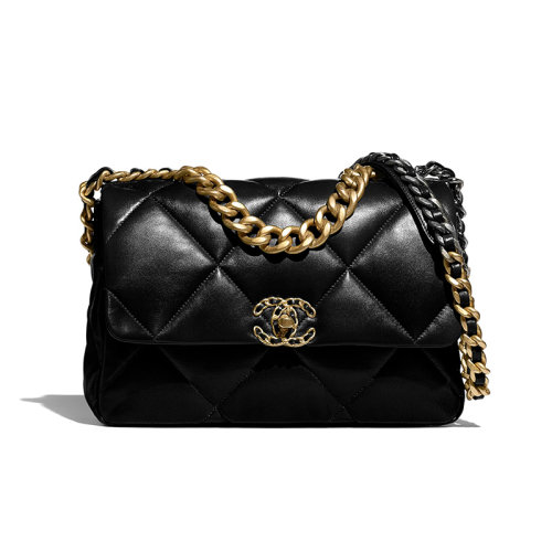 CHANEL/香奈儿 经典款19系列 女士大号黑色小羊皮菱格纹金色金属饰面单肩斜挎包AP445112574116