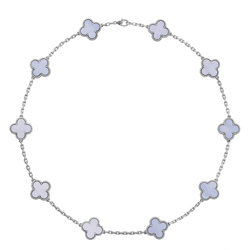 Van Cleef & Arpels/梵克雅宝 经典Vintage Alhambra系列 18k金白金镶玉髓10四叶草项链VCARD34800