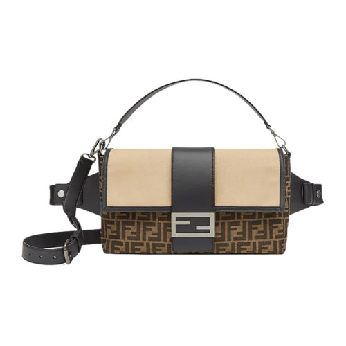 FENDI/芬迪BAGUETTE系列大号男士拼色织物配皮经典双F字母徽标印花单肩包斜挎包邮差包信使包胸包腰包男包 7VA478-AFBM-F1DZY