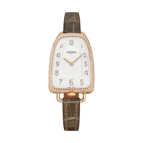 HERMES/爱马仕      Galop系列 女士石英机芯水晶银纹表盘玫瑰金表壳和象灰色光滑鳄鱼皮表带腕表48.8x26毫米W047898WW00