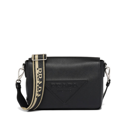 PRADA/普拉达 22年新款 男士黑色Saffino皮革徽标压印银扣配可拆卸刺绣织物皮革肩带2VD046_2FAD_F0002_V_OOO