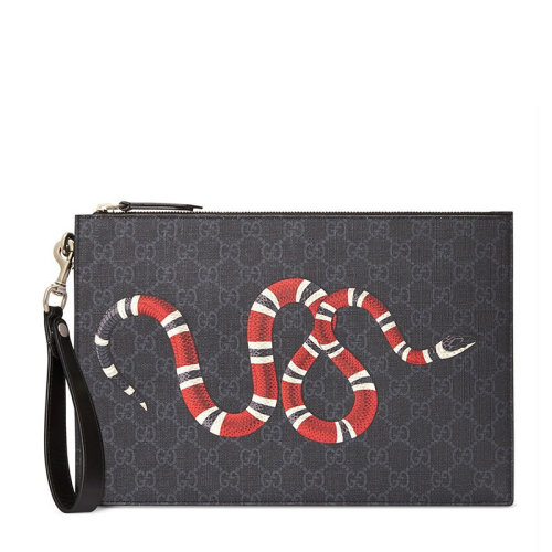 GUCCI/古驰 男士乌木色帆布珊瑚蛇印花可拆卸腕带拉链开合钱包手拿包男包 473904-GZN1N-8666