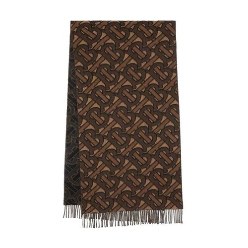 BURBERRY/博柏利 22年早春新款 男女同款深摩卡色纯羊绒老花印花流苏围巾80192301