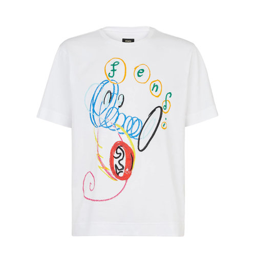 FENDI/芬迪 22年早春新款 男士白色纯棉彩色艺术印花短袖T恤FY0936AH15F0QA0