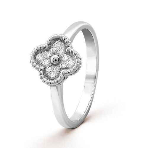 Van Cleef & Arpels/梵克雅宝 经典SweetAlhambra系列 18K金白金镶嵌12颗钻石满钻四叶草戒指/指环 VCARO85800