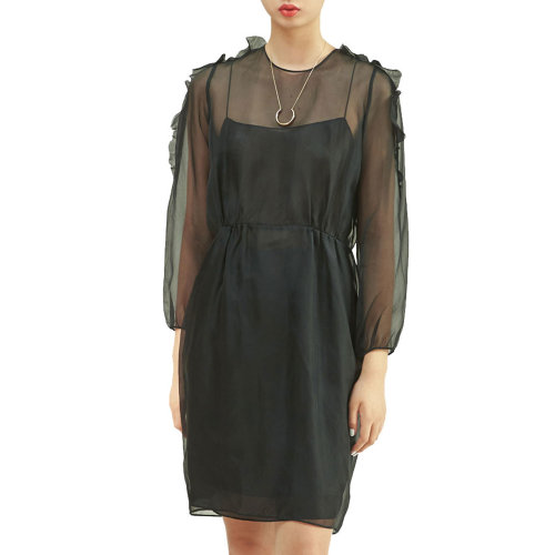 19年秋冬款nisiss/怡夕19春夏柯根纱后背镂空一粒扣式直身连衣裙女士连衣裙N143SO12