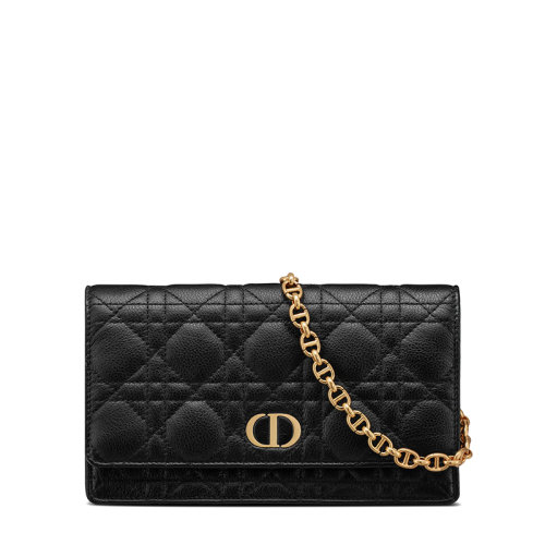 DIOR/迪奥 20  CARO系列 女士黑色藤格纹小牛皮翻盖CD徽标链条手拿包S5091UWHC_M900