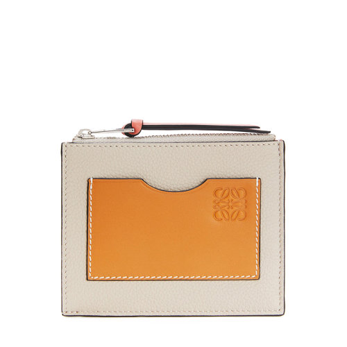 LOEWE/罗意威 21新款 女士浅燕麦色/蜂蜜色粒面小牛皮徽标拉链卡包0010526630