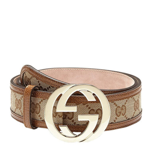 GUCCI/古驰 男女同款 中性棕色金色双G压花帆布配皮板扣式腰带皮带 114876-KH1BG-9783
