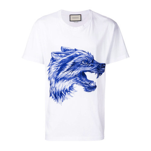GUCCI/古驰 男士 服装 白色纯棉狼头印花后肩字母logo时尚个性短袖T恤 男士短袖T恤