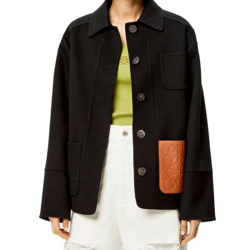 LOEWE/罗意威 22年秋冬新款 女士黑色系双面羊毛羊绒面料饰有压花小牛皮LOGO口袋直筒夹克S359Y02X56-1100