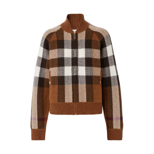 BURBERRY/博柏利 22年早春新款 女士深桦木棕色格纹嵌花羊绒混纺飞行夹克80484451
