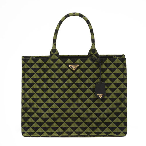 PRADA/普拉达 22新款Symbole系列 男士黑色/常春藤绿三角双色拼接效果织物配皮徽标金扣饰可拆卸吊饰刺绣提花托特包2VG099_2FKL_F0G5R_V_OOO