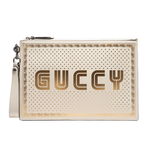 GUCCI/古驰女士皮质白色烫金印花手拿包ak510489【奥莱】
