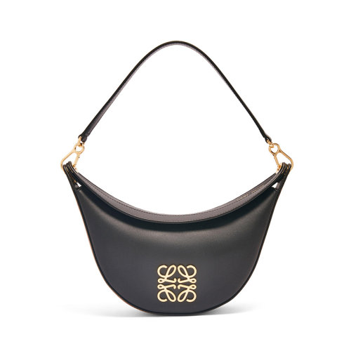 LOEWE/罗意威 23新款 Luna系列 女士小号黑色/棕色拼接缎面小牛皮金色标志半月形流浪单肩包A923PM1X10-9006