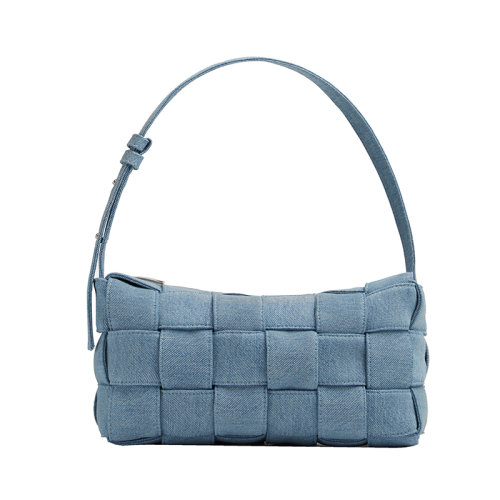 Bottega Veneta/葆蝶家 22新款 女士靛蓝水洗牛仔布饰 Intreccio图案银色饰面磁扣翻盖开合方型单肩包709628V2A014948