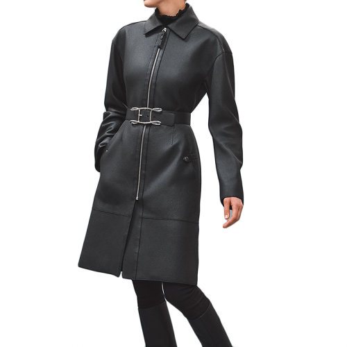 HERMES/爱马仕 22年秋冬新款 女士黑色鹿皮合身款大衣外套皮衣H2H1100D00234