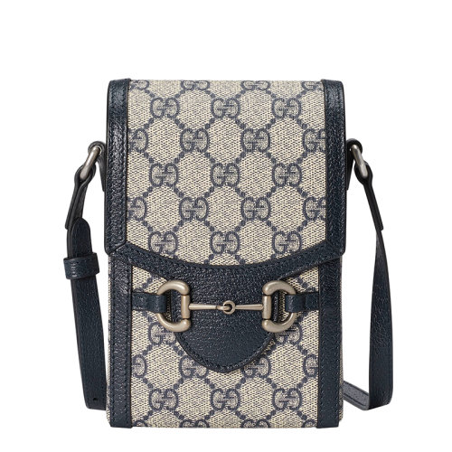 Gucci/古驰 22春夏新款1955系列 男士迷你米色/蓝色提花帆布马衔扣老花斜挎单肩包 625615K9GSN4075