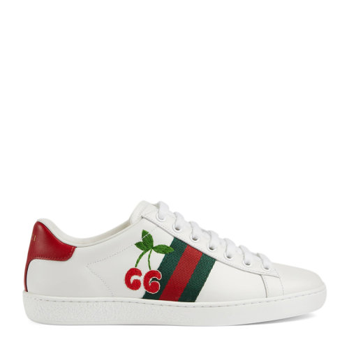 GUCCI/古驰 Ace系列女士白色皮革樱桃图案贴花红绿织带装饰休闲鞋运动鞋小白鞋平底鞋板鞋女鞋 653135-1XG60-9065