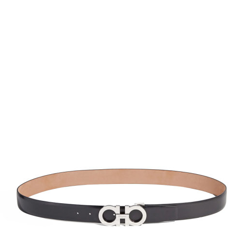 Salvatore Ferragamo/菲拉格慕 男士黑色闪亮钯金色经典金属Gancini扣饰可调节腰带皮带 67-9880-688759（S级99新未使用）