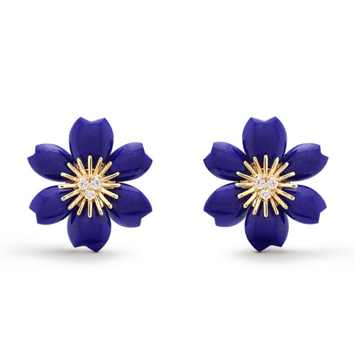 Van Cleef & Arpels/梵克雅宝 Rose de No?l系列 18k金黄金饰有青金石镶嵌钻石迷你圣诞玫瑰耳环  VCARP7RW00