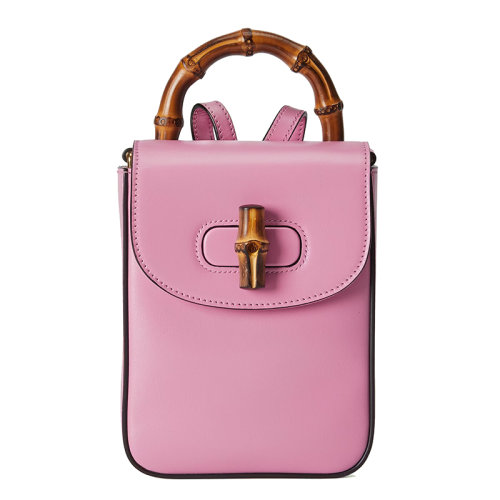 GUCCI/古驰 22新款Gucci Love Parade系列 女士迷你粉色皮革饰面竹节手柄竹制细节肩背手提包702106UZY0T5814