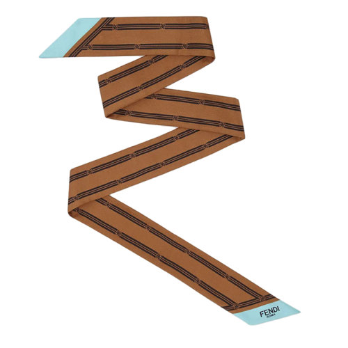 FENDI/芬迪 女士棕色真丝条纹和FF Karligraphy图案丝巾发带FXT011AHRMF1ENR
