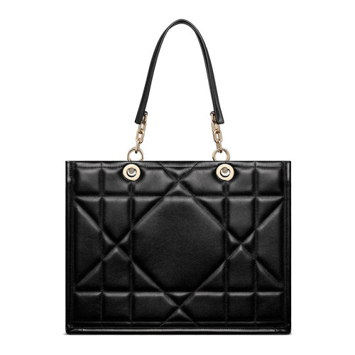 DIOR/迪奥 22新款ESSENTIAL系列 女士中号黑色牛皮革建筑感藤格纹单肩手提托特包M8721OZVJ_M900