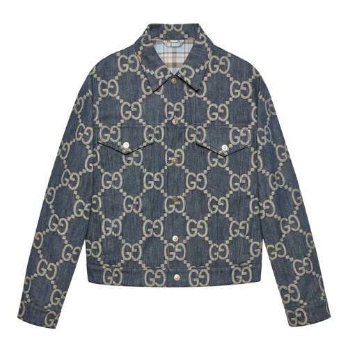GUCCI/古驰 22年春夏新款 PINEAPPLE系列 男士蓝色和象牙白饰超级双G图案提花丹宁面料纯棉夹克674338XDBTY4492