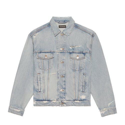 Balenciaga/巴黎世家 男士浅蓝色棉质有机复古牛仔布撕裂设计大版型上衣外套夹克 664329-TBP48-8961