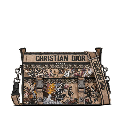 DIOR/迪奥 22新款DIORCAMP系列 女士小号榛子色拼色Jardin d'Hiver图案刺绣单肩斜挎手提邮差包M1241BRWD_M918
