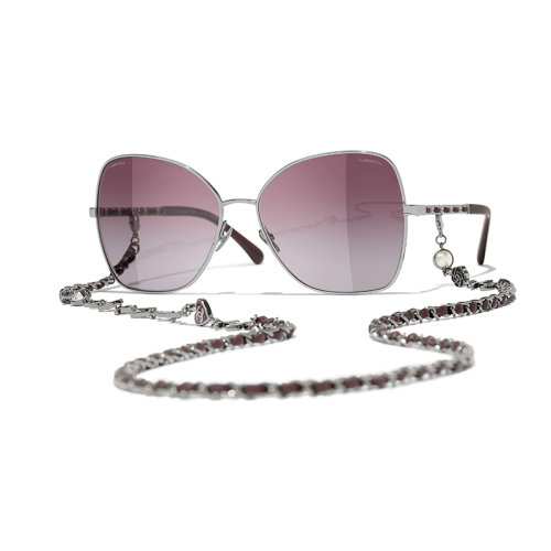 Chanel/香奈儿 22年春夏新款 女士渐变酒红色镜片暗银色/酒红色金属与小牛皮镜框饰链条蝴蝶形太阳眼镜墨镜A71446X27388L1811