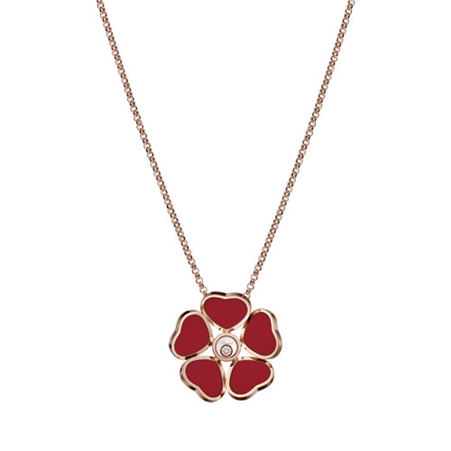Chopard/萧邦 经典HAPPY HEARTS FLOWERS系列 18K金玫瑰金五颗红色宝石心形花朵镶钻项链79A085-5811