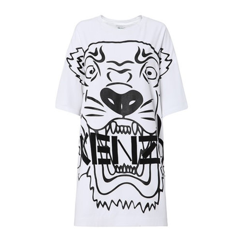 Kenzo/高田贤三 女士白色棉质印花虎头图案短袖长款T恤裙连衣裙