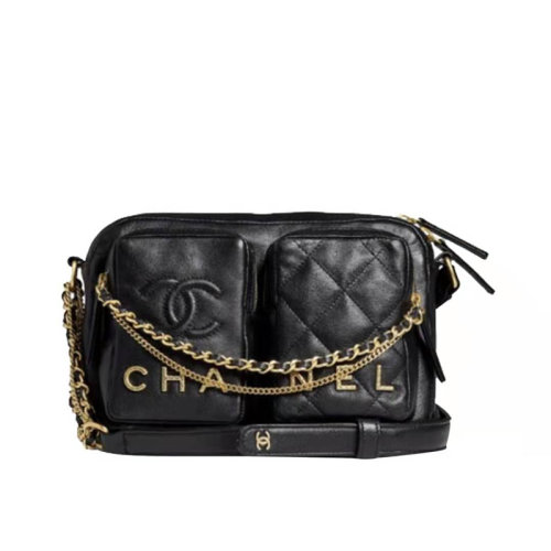CHANEL/香奈儿 22早春系列 双口袋相机包炸药包 金色链条邮差单肩斜挎包 黑色 小号 AS2923-B07152-94305