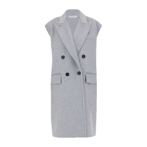 MaxMara/麦丝玛拉 女士灰色羊绒貂毛双纽扣交叉开合翻领背心马甲 12760119600-013