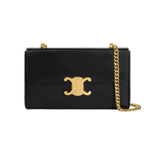 CELINE/赛琳 22新款 TRIOMPHE box系列 女士黑色缎面小牛皮金色金属三角扣金色链条单肩斜挎包110803BF4.38NO