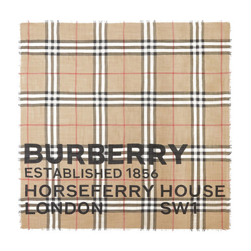 BURBERRY/博柏利 Horseferry印花格纹丝毛混纺大号方巾80355551