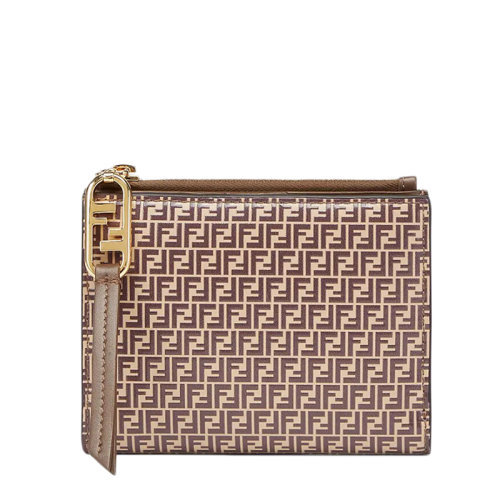 FENDI/芬迪 21新款O’Lock 女士中号米色皮革棕色FF印花双折皮夹钱包8M0447AHM1F1FNK