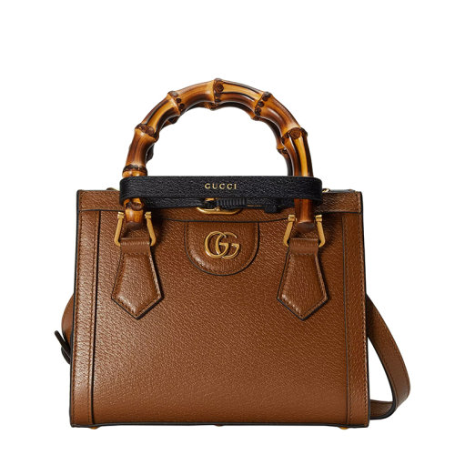 GUCCI/古驰 22春夏新款Diana系列 女士迷你棕色皮革竹节黑饰带金扣红绿肩带手提单肩托特包702732U3ZDT2185