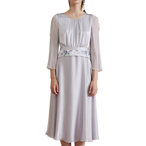 HUI/卉 女士连衣裙19春季浅灰色真丝连衣裙圆领七分袖收腰过膝连衣裙