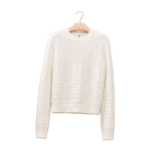 HERMES/爱马仕 22年秋冬新款 女士白色纯羊毛经典格纹编织圆领长袖针织衫毛衣H2H2630DA9134