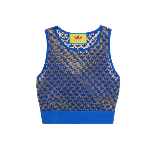 GUCCI/古驰 22年秋冬新款 adidas联名系列 女士蓝色锦纶混纺薄纱老花刺绣无袖上衣背心693448XJECA4697