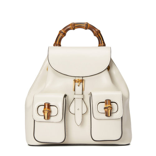 GUCCI/古驰 22新款 女士白色皮革内置抽绳计翻盖搭扣竹节手柄双肩包背包702101UZY0T9022