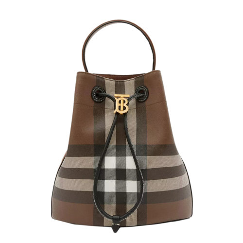 BURBERRY/博柏利 22新款 女士小号深棕色皮革格纹调节束带开合抛光金属拆卸调节肩带单肩斜挎水桶包80630701