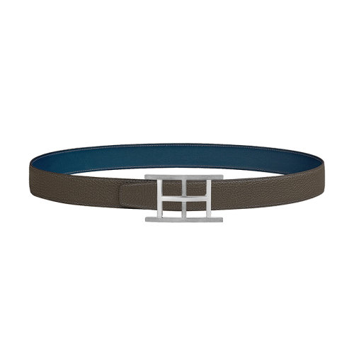HERMES/爱马仕新款 Inside H系列 男士普鲁士蓝/丛林绿荔枝纹皮革银扣双面腰带32毫米H081669CK05/H073967CABD075